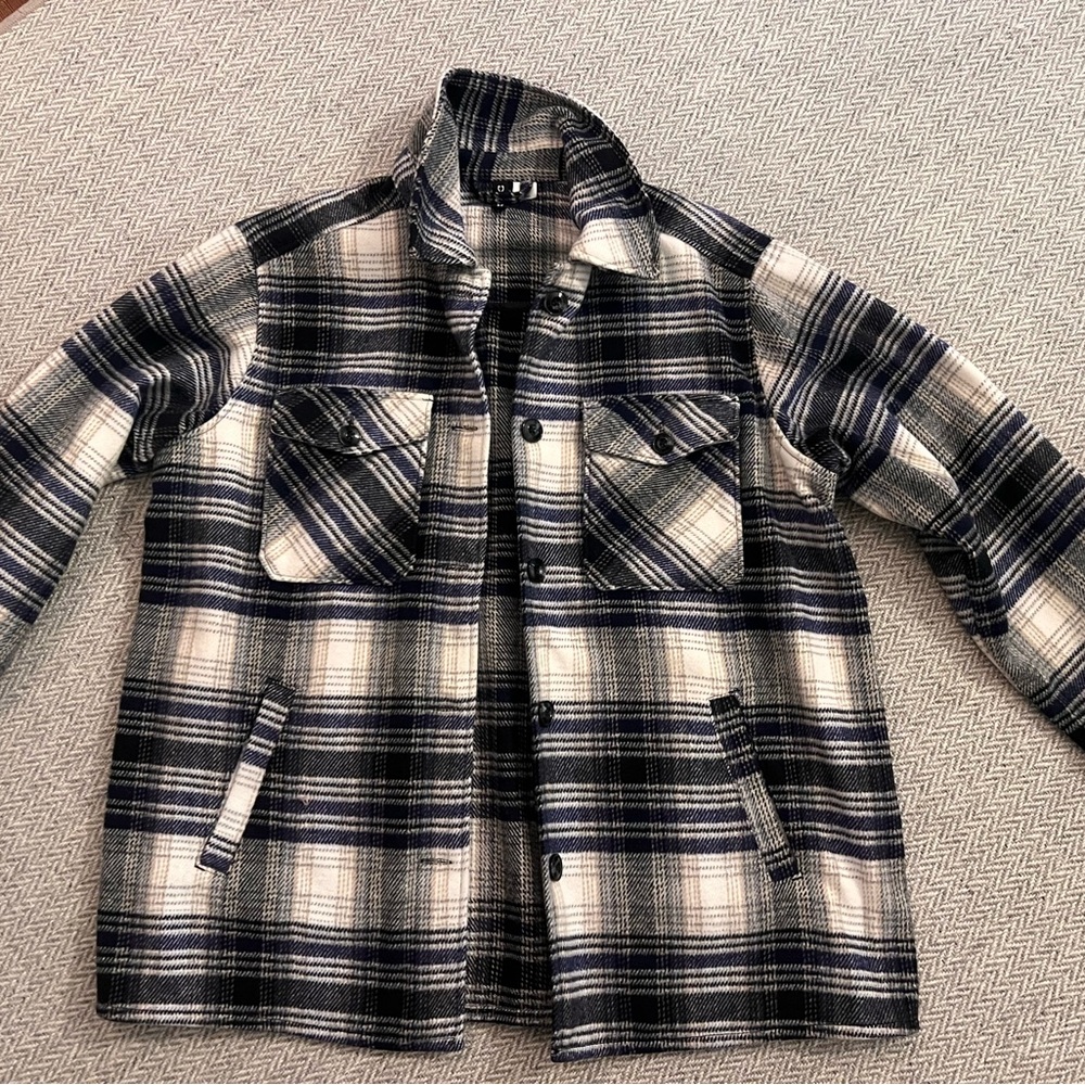 H&M Navy and White Checkered Shirt Jacket